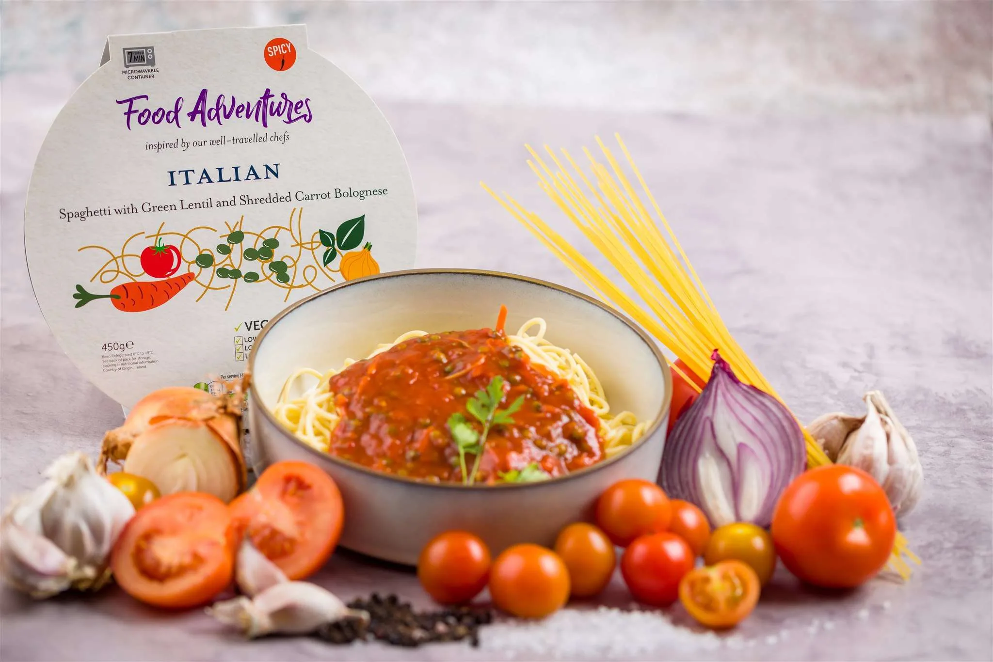 Italian Green Lentil and shred carrot spaghetti Bolognese